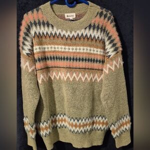 Amorei Women's Patterned Knit Sweater - Olive and Coral